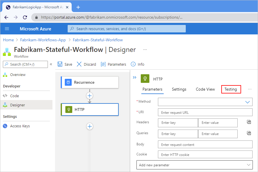 Screenshot showing the Azure portal, workflow designer, action details pane, and 
