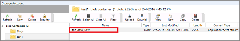 Screenshot of the storage account, displaying the uploaded CSV file