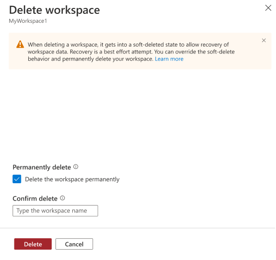 Screenshot of the delete workspace form in the portal.