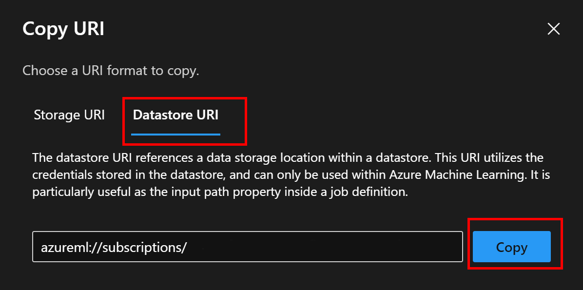 Screenshot highlighting the copy of the datastore URI.