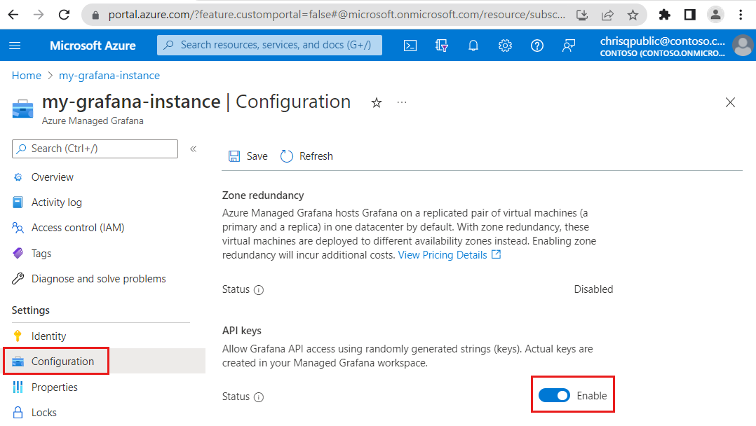 Azure 平台的屏幕截图。启用 API 密钥。