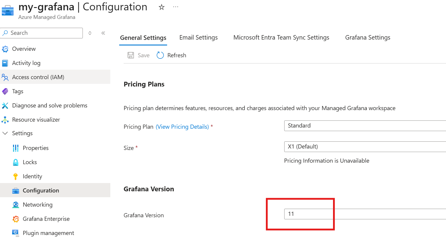 显示 Grafana 版本 9 的 Azure 平台的屏幕截图。