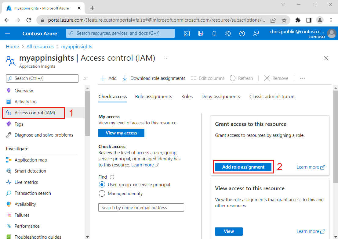 Azure 平台的屏幕截图，该平台用于在 App Insights 中添加角色分配。