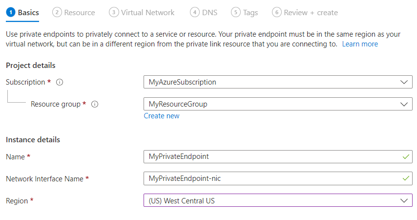 Azure 门户的屏幕截图，其中填写了“基本信息”选项卡。