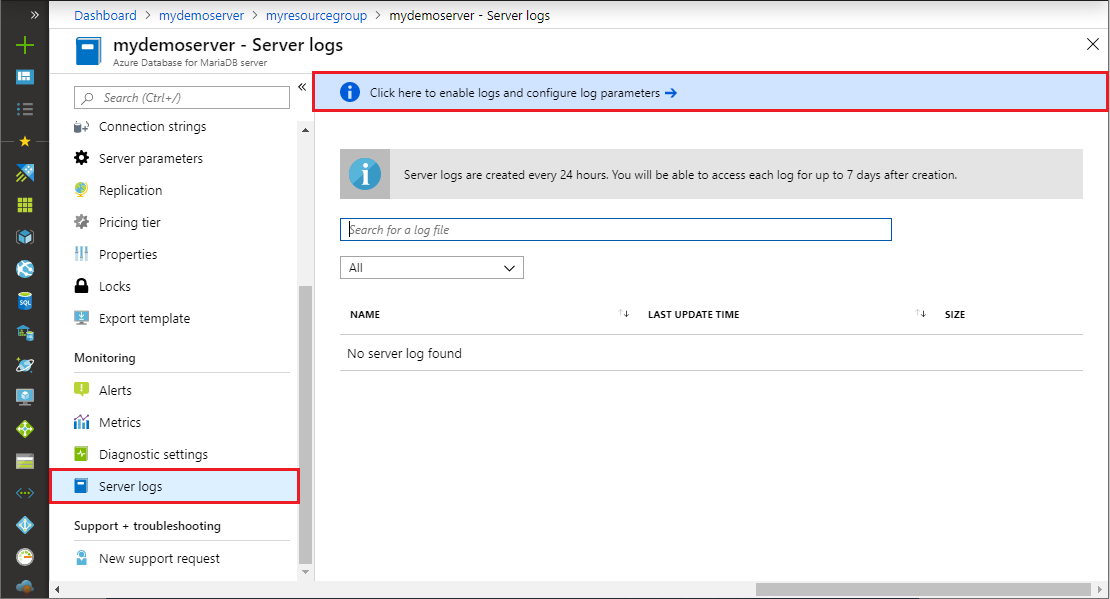 Screenshot of Server logs options