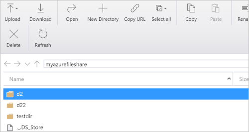Screenshot of the main pane for a file share in Storage Explorer showing the contents of the share.