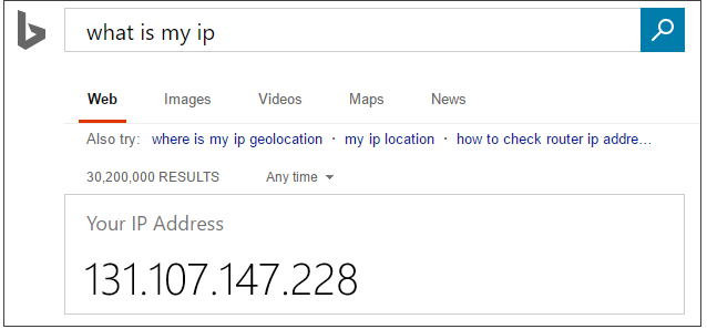 在必应中搜索“我的 IP 是多少”