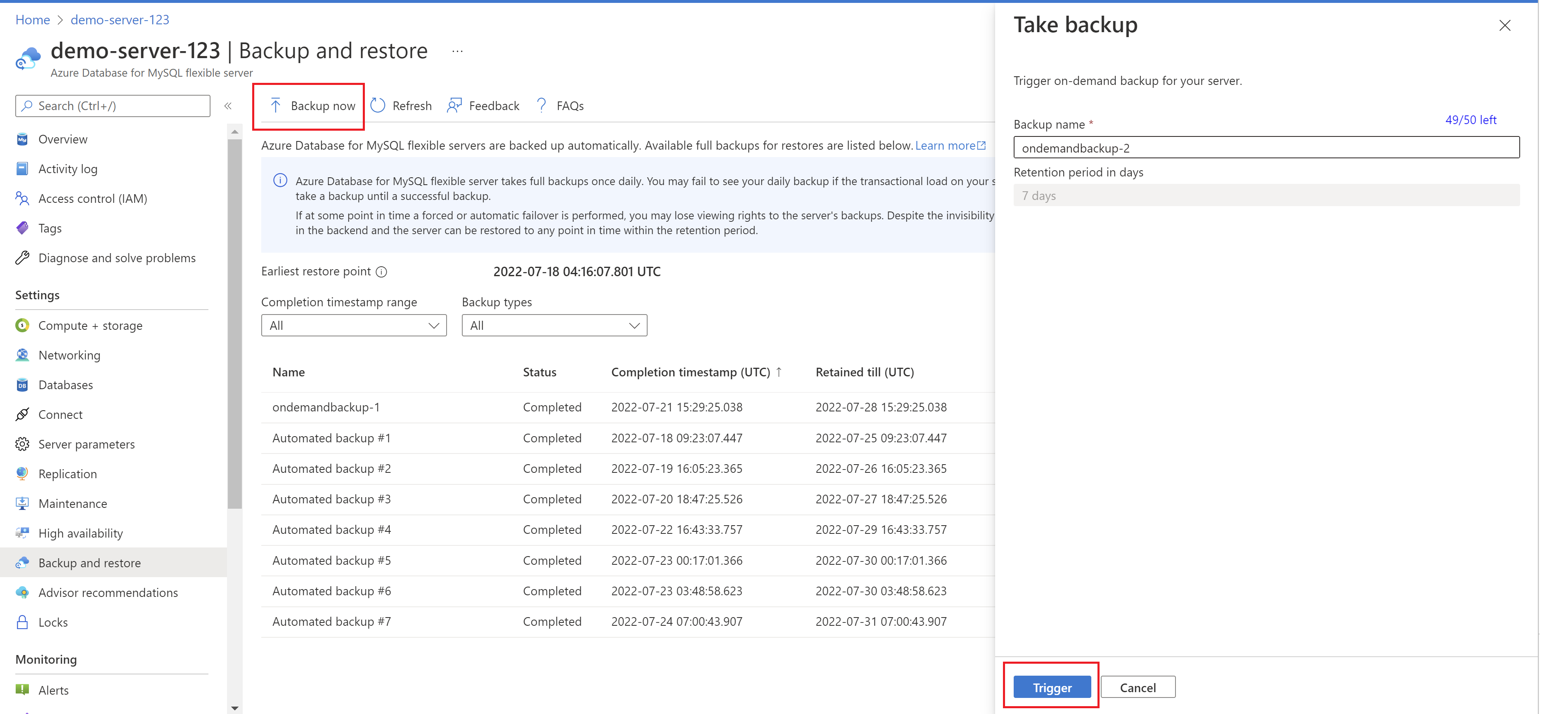 Screenshot showing how to trigger On-demand backup.