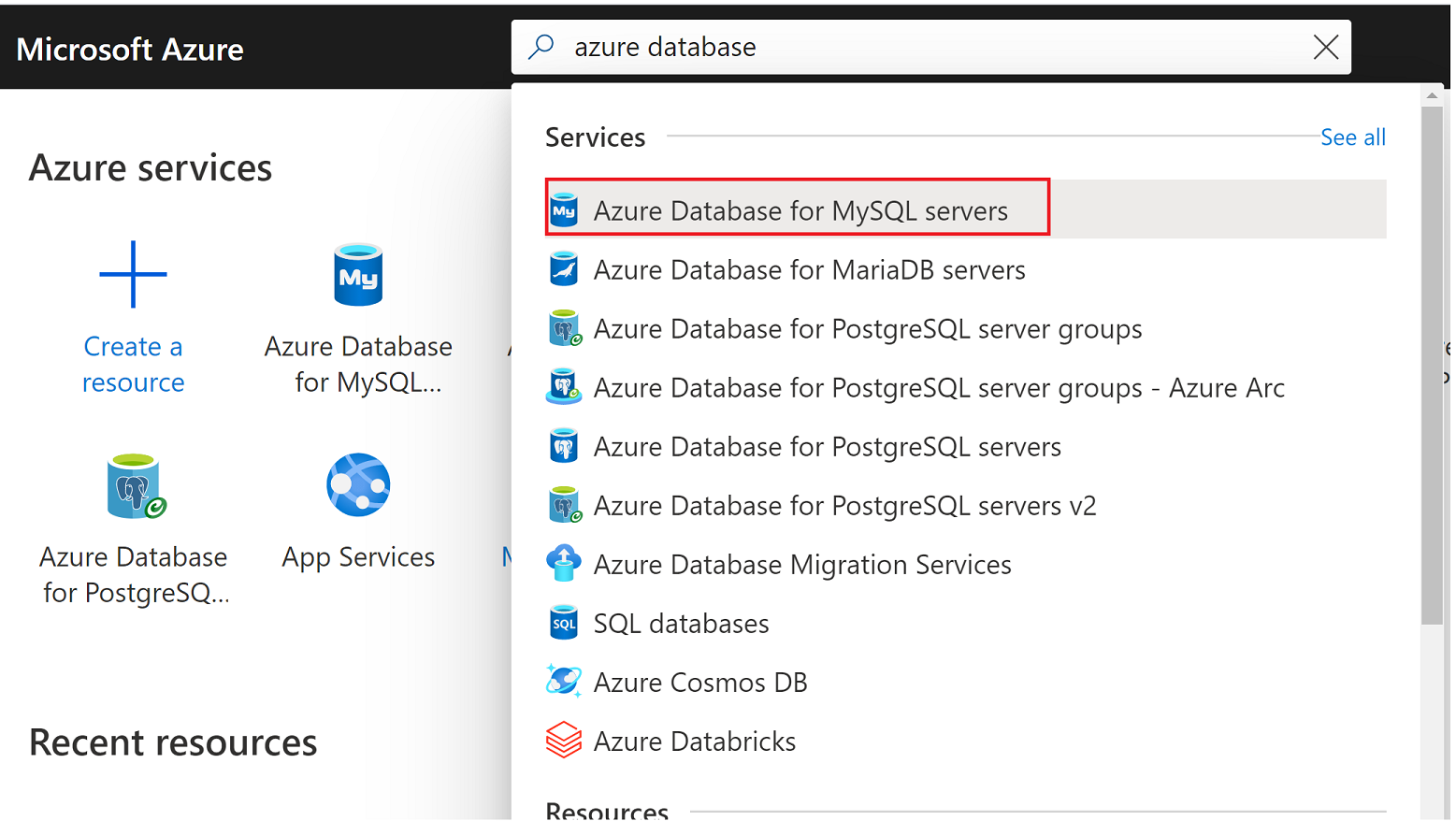 显示对 Azure Database for MySQL 服务器进行搜索的屏幕截图。