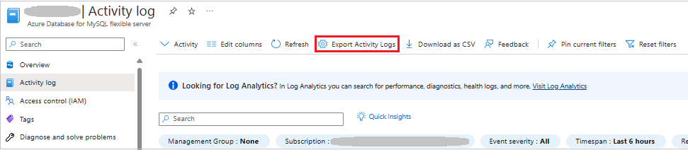 Screenshot showing the 'Diagnostics settings' tab on the Azure Monitor 'Activity log' pane.