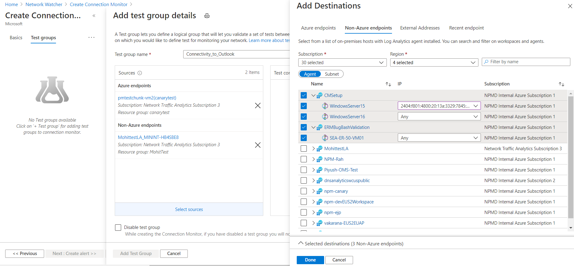 Screenshot that shows the 'Add Destinations' pane and the 'Non-Azure endpoints' tab.
