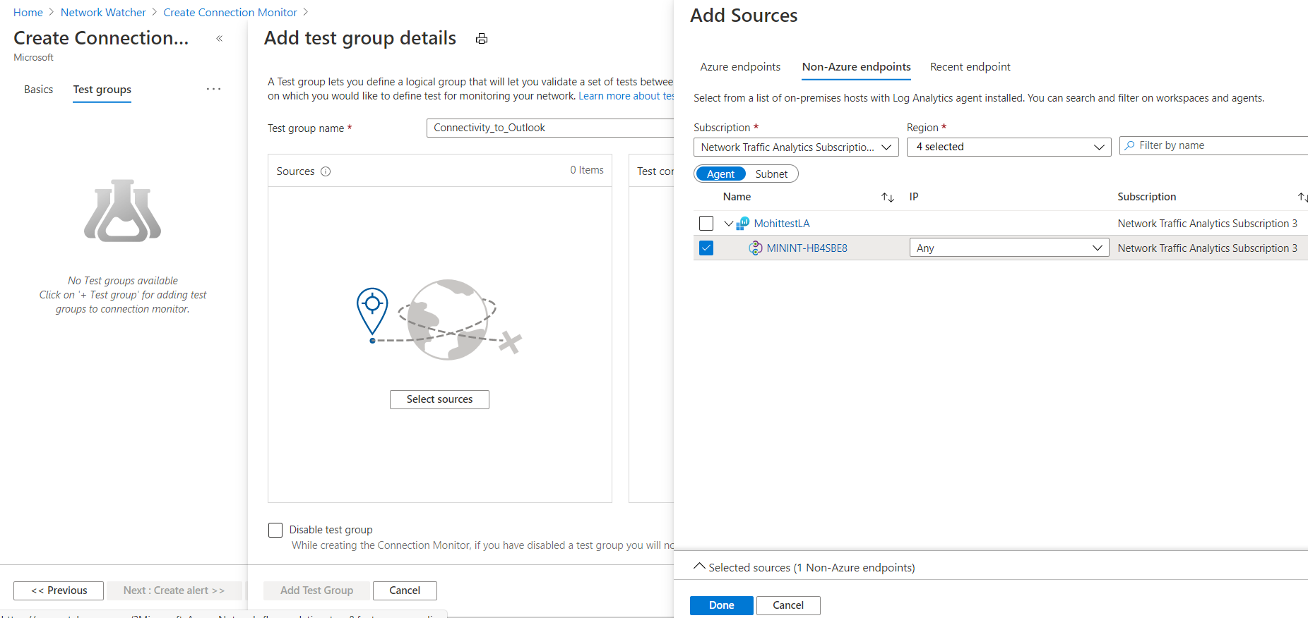 Screenshot that shows the 'Add Sources' pane and the 'Non-Azure endpoints' pane in Connection Monitor.