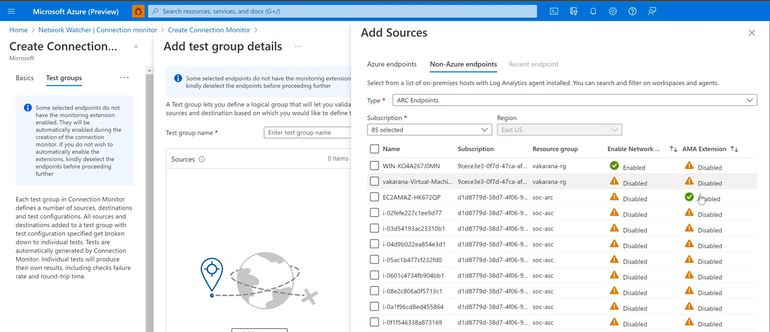 Screenshot of Azure Arc-enabled and Azure Monitor Agent-enabled hosts.