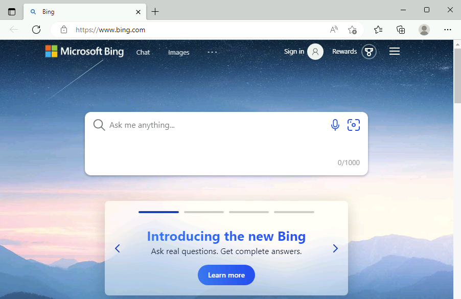 Screenshot showing Bing page in a web browser.