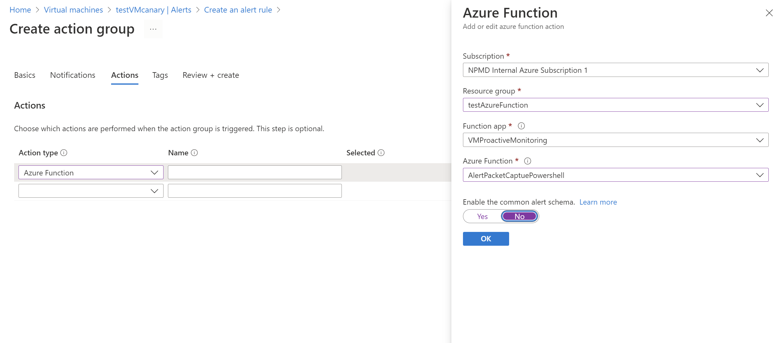 用于创建操作组的页面的屏幕截图，以及有关某个 Azure 函数的详细信息的窗格。