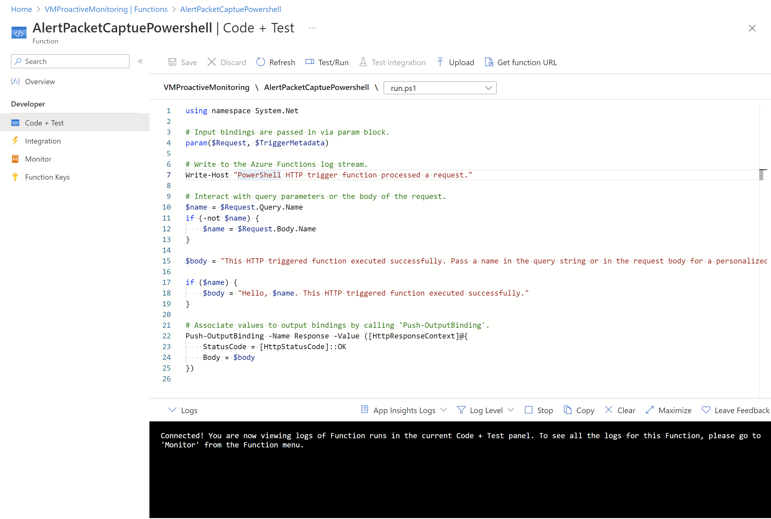 函数的“代码 + 测试”页的屏幕截图。