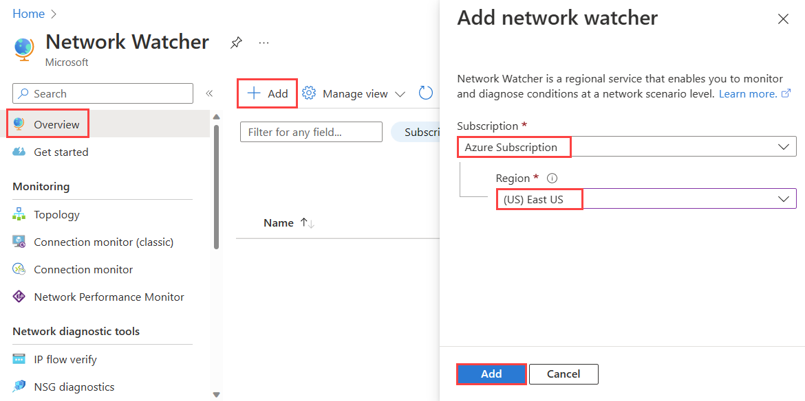Screenshot shows how to create a Network Watcher in the Azure portal.