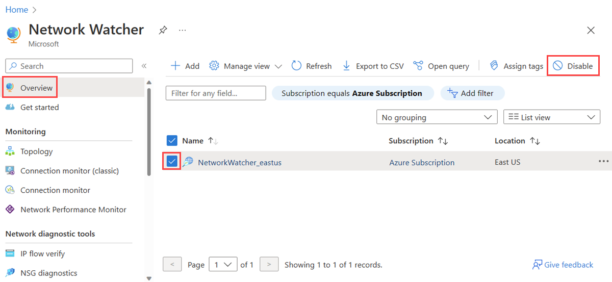 Screenshot shows how to delete a Network Watcher instance in the Azure portal.