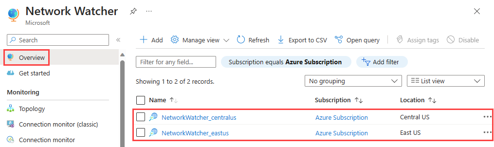 Screenshot shows how to list all Network Watcher instances in your subscription in the Azure portal.