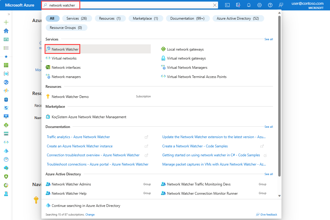 Screenshot shows how to search for Network Watcher in the Azure portal.