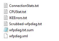 Screenshot shows log files created after running VPN troubleshoot check on a virtual network gateway.