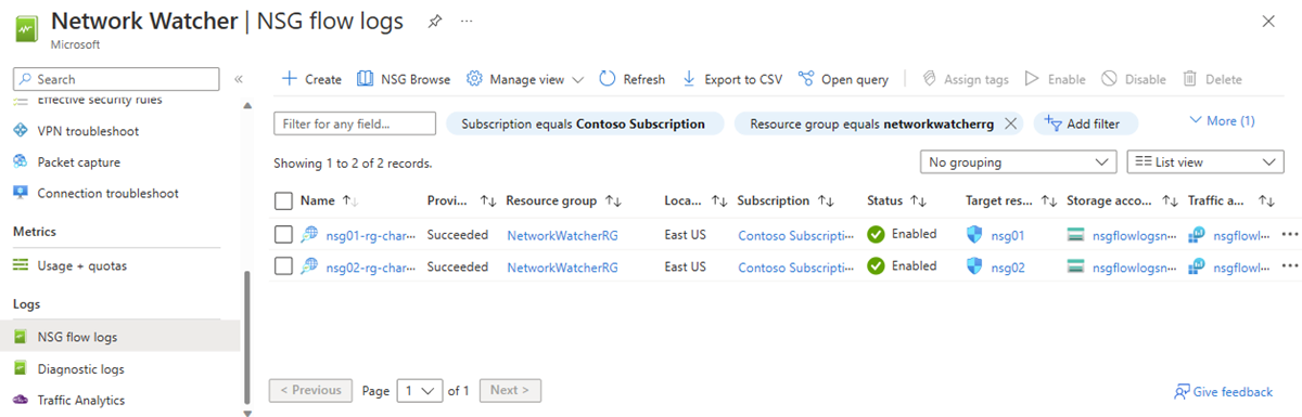 Screenshot showing Network Watcher NSG flow logs page in the Azure portal.