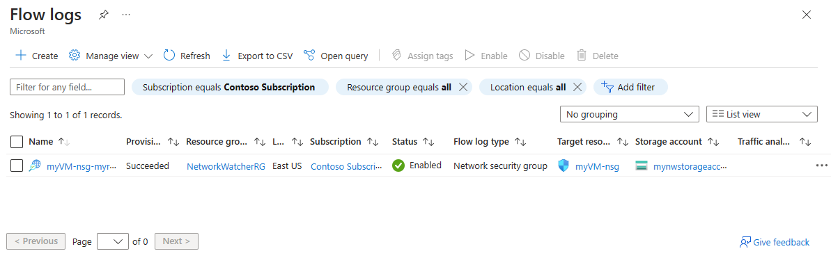 Screenshot of Flow logs page in the Azure portal showing the newly created flow log.
