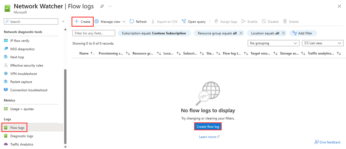 Screenshot of Flow logs page in the Azure portal.