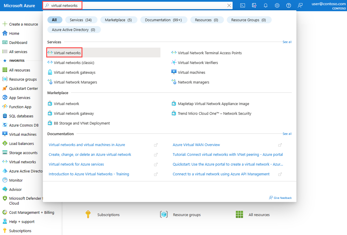 Screenshot shows searching for virtual networks in the Azure portal.