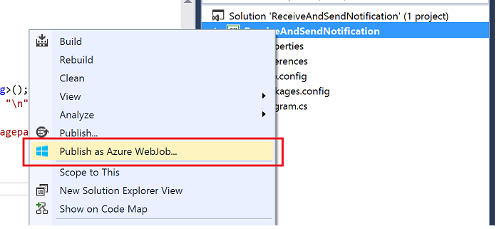 显示的右键单击选项的屏幕截图，其中“发布为 Azure Web 作业”以红色标出。