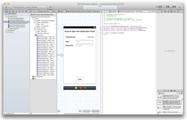 MainStoryboard_iPhone.storyboard 应用中的助手编辑器的屏幕截图。