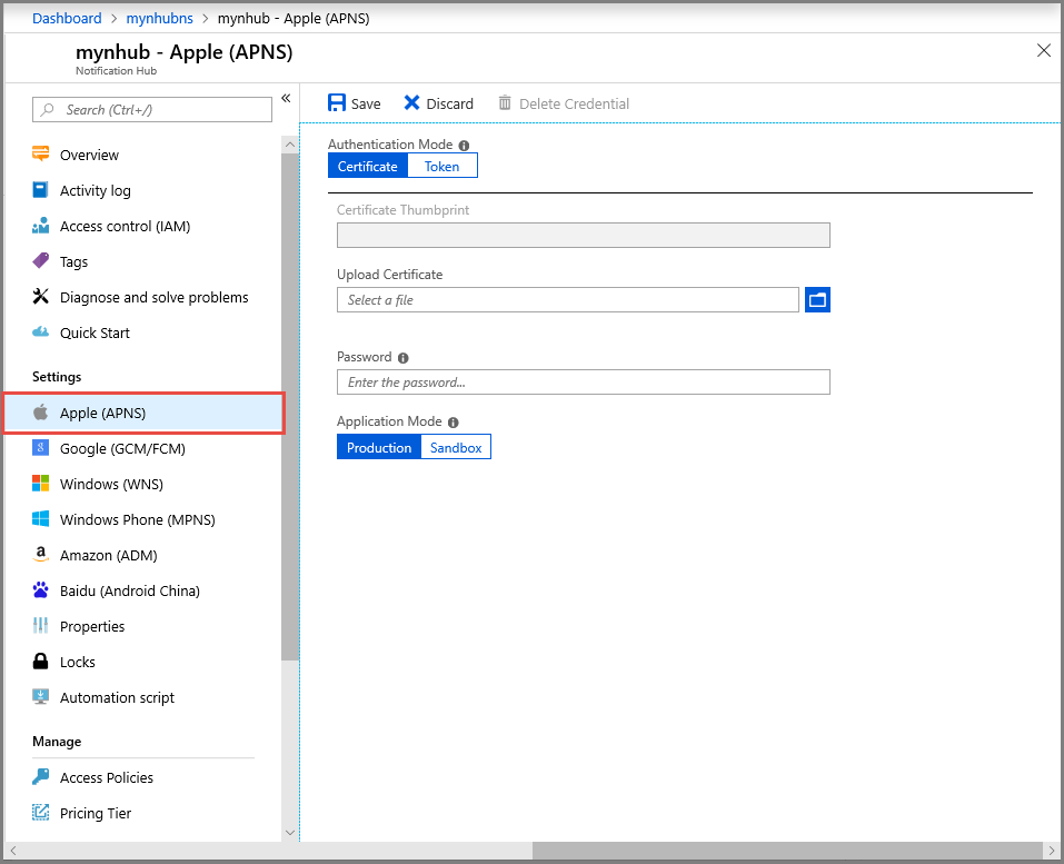 Azure 门户中 APNS 证书配置的屏幕截图
