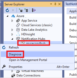 Visual Studio Server Explorer: Diagnose menu