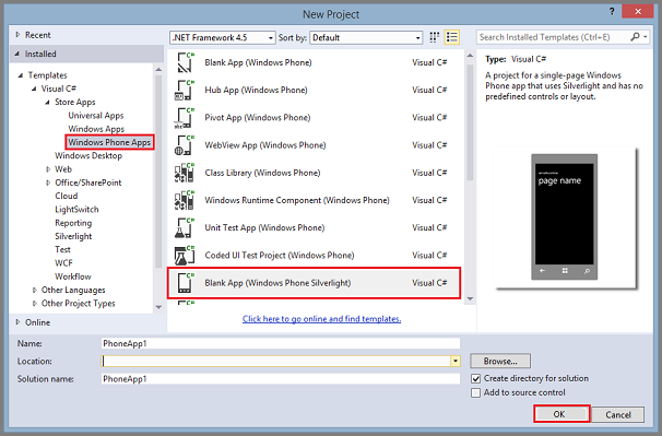 Visual Studio - New Project - Blank App - Windows Phone Silverlight