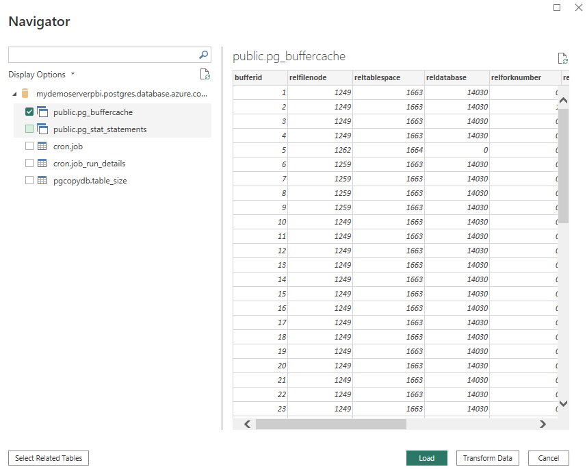 用于查看 Azure Database for PostgreSQL 灵活服务器表的导航器的屏幕截图。