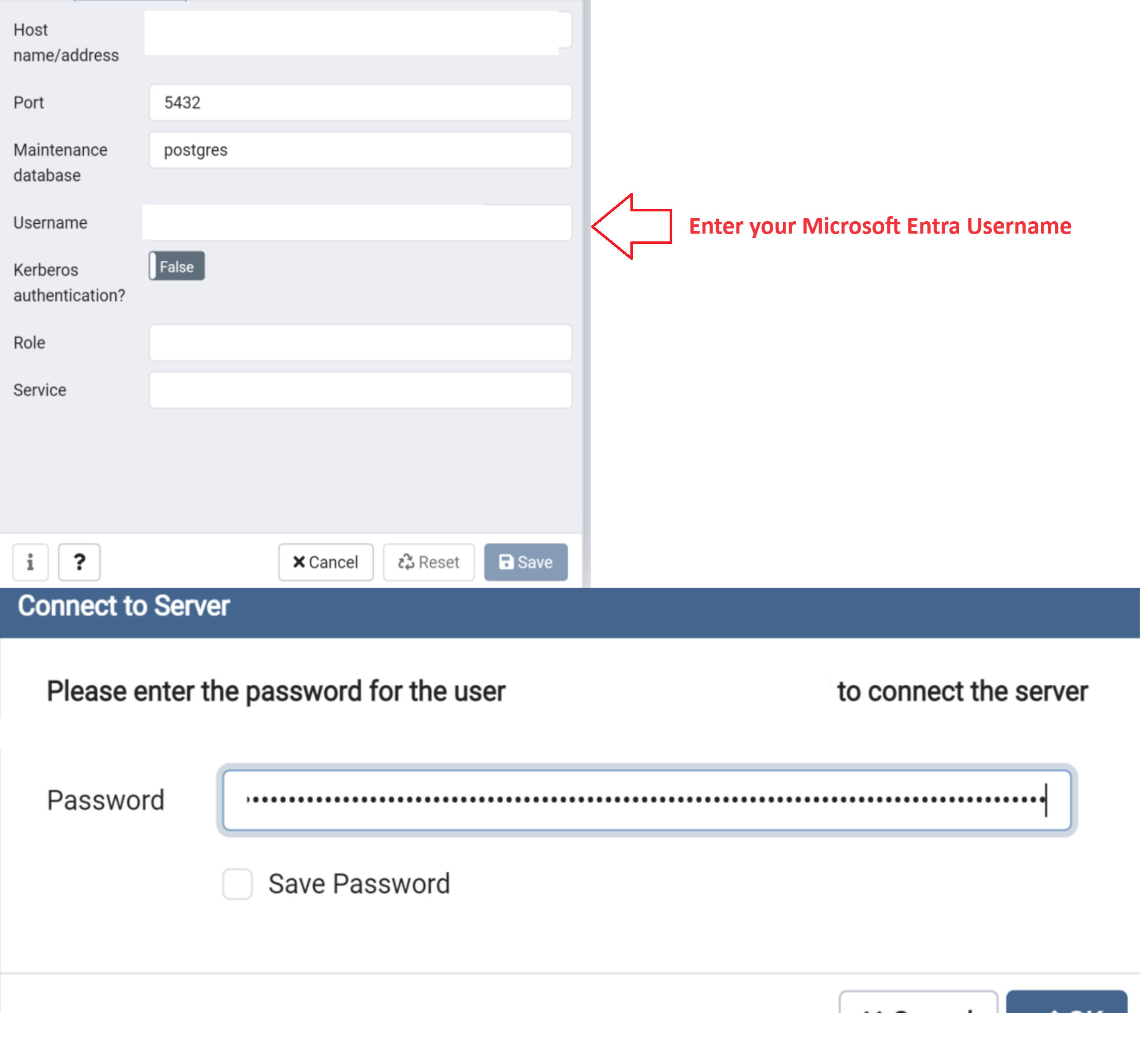 屏幕截图显示使用 PG 管理员的登录过程。