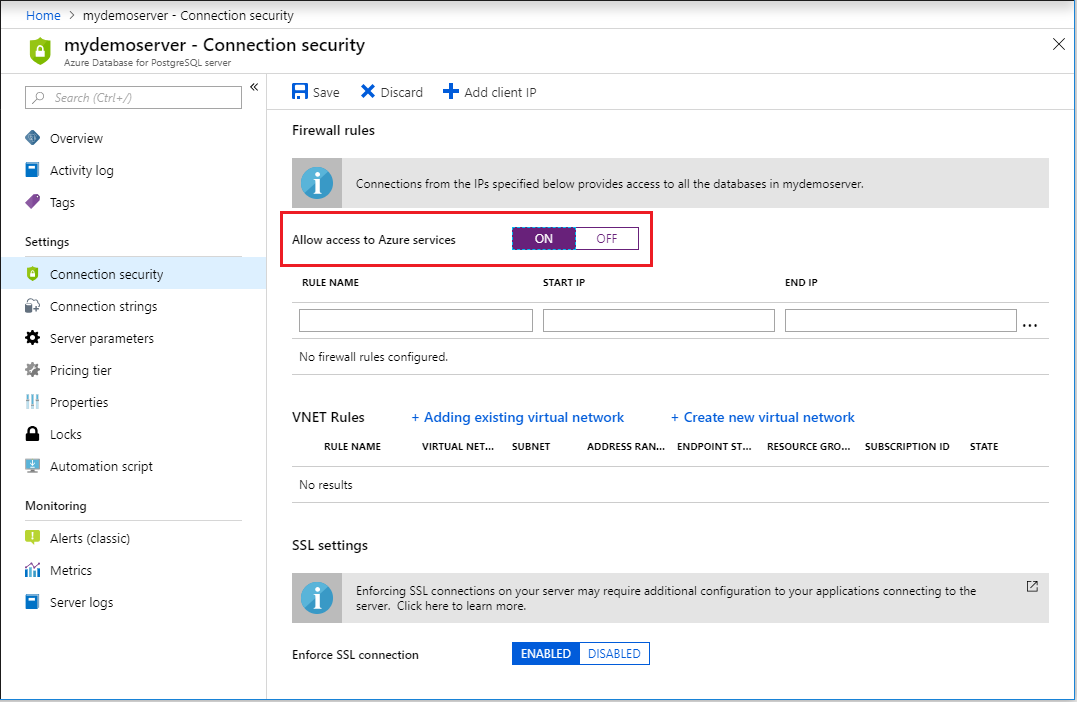 Configure Allow access to Azure services in the portal