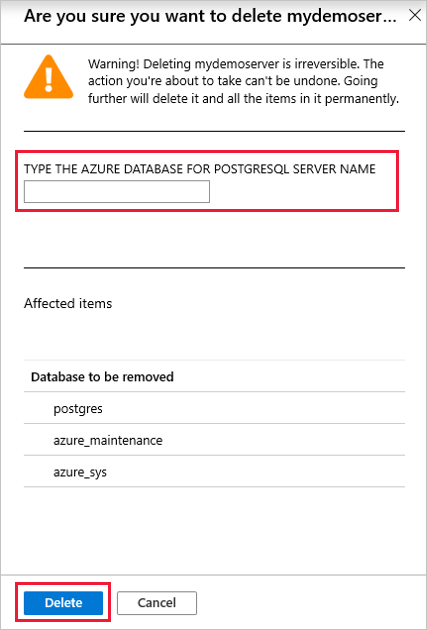 Azure 门户的屏幕截图，该门户用于在 Azure Database for PostgreSQL 中确认服务器删除操作
