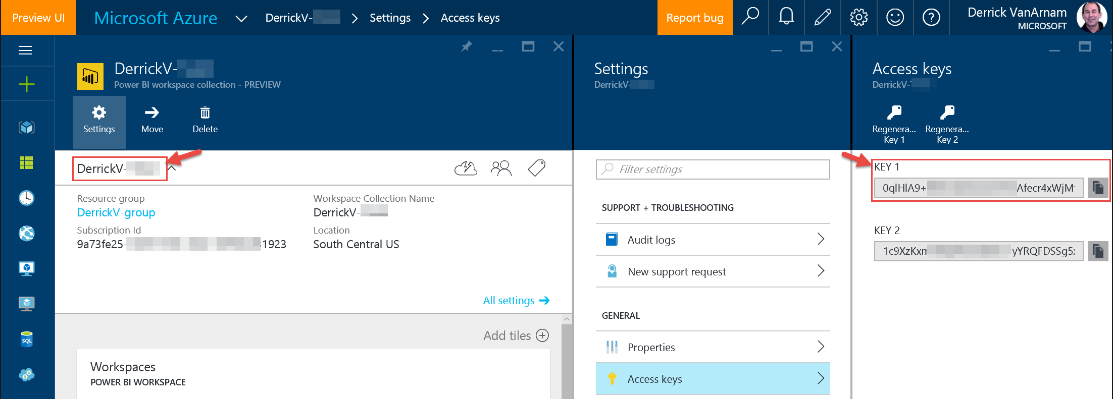 Where to find the API keys in the Azure portal