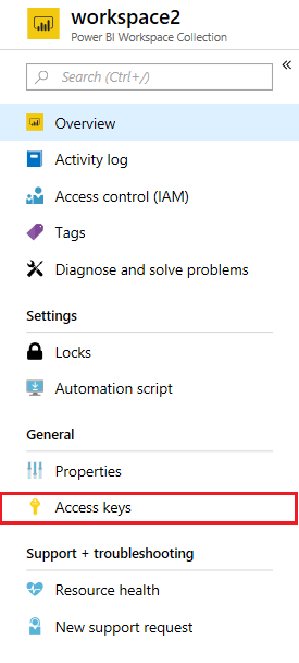 Access keys within Workspace Collection settings in Azure portal