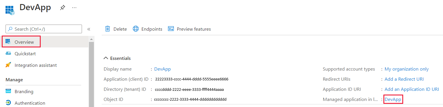 Azure 门户窗口的屏幕截图，其中显示了 Microsoft Entra 应用程序的“概述”边栏选项卡中的“在本地目录中托管的应用程序”选项。
