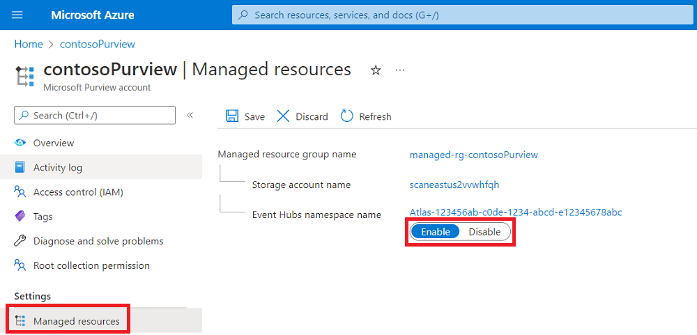 显示在 Azure 门户中 Microsoft Purview 帐户页面的“托管资源”页面上突出显示的事件中心命名空间切换的屏幕截图。