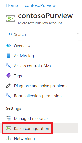 屏幕截图显示 Azure 门户的 Microsoft Purview 菜单中的 Kafka 配置选项。