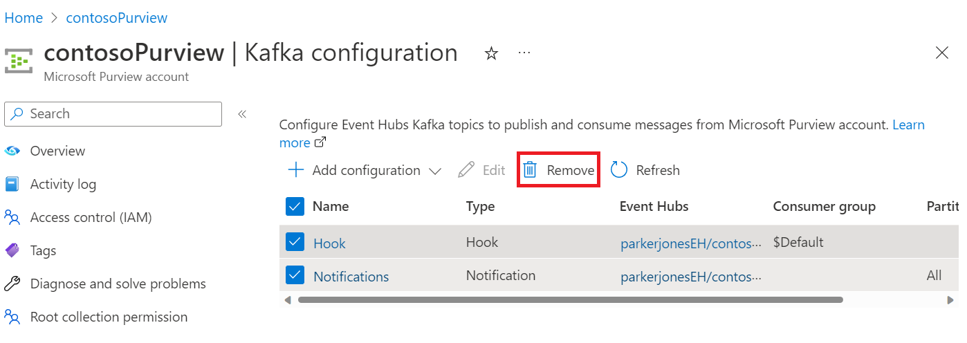 屏幕截图显示了 Azure 门户中 Microsoft Purview 帐户页的 Kafka 配置页，其中突出显示了“移除”按钮。