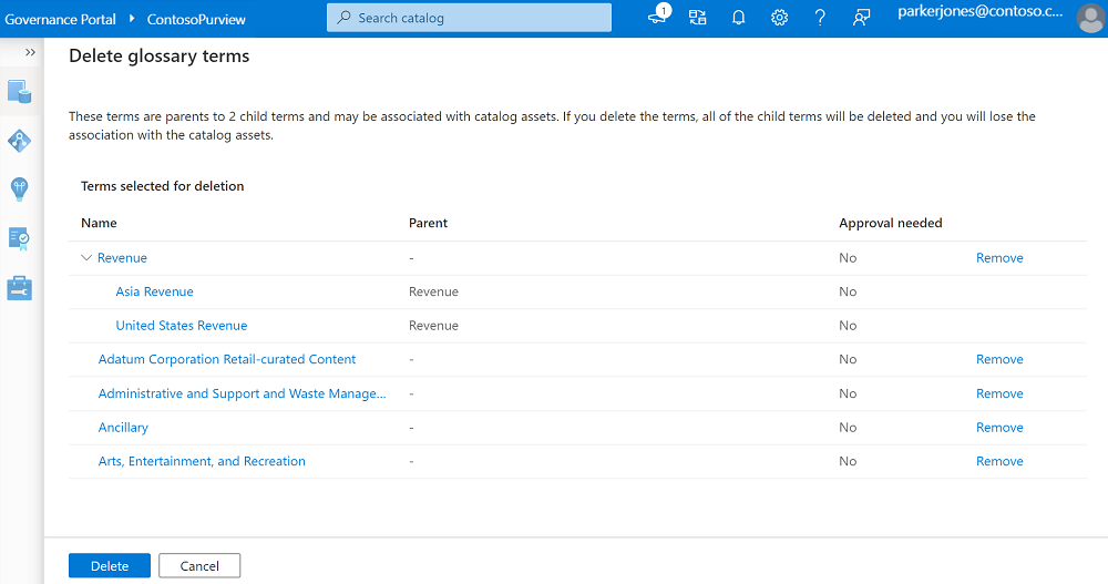 Screenshot of the window for deleting glossary terms, with a list of all terms to be deleted.