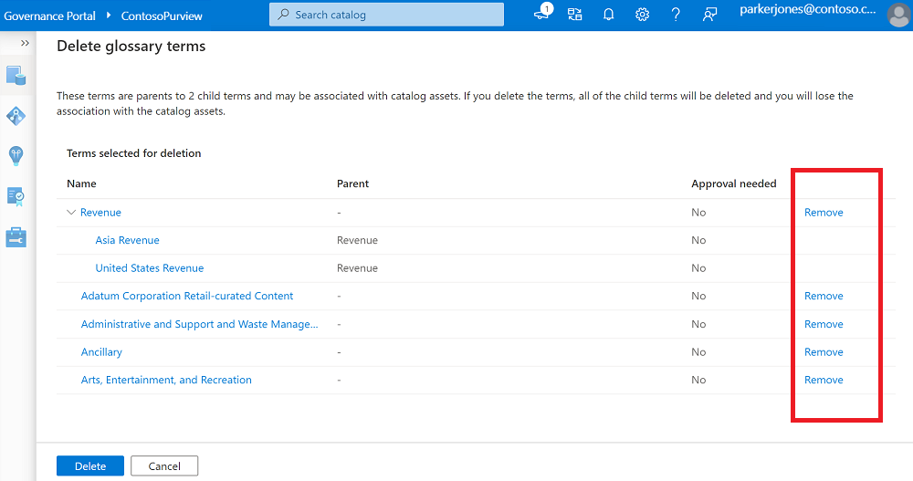 Screenshot of the window for deleting glossary terms, with the column for removing items from the list of terms to be deleted.