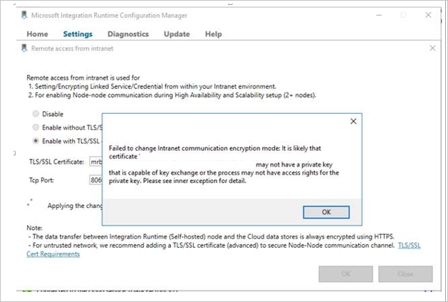 Screenshot of the Integration Runtime Configuration Manager Settings pane, displaying a "private key missing" error message.