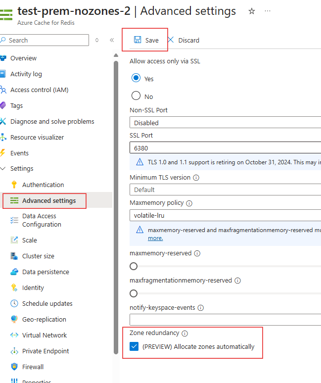 显示“高级设置”边栏选项卡（预览）自动分配区域复选框和“保存”按钮的红色框的屏幕截图。