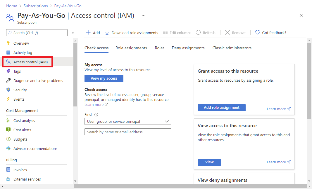 订阅的“访问控制(IAM)”页面的屏幕截图。