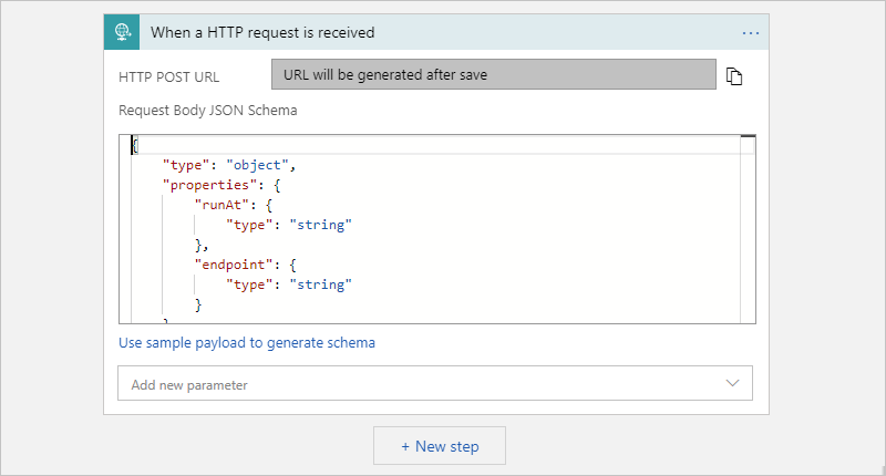 显示采用示例 JSON 请求架构的“请求”触发器的屏幕截图。
